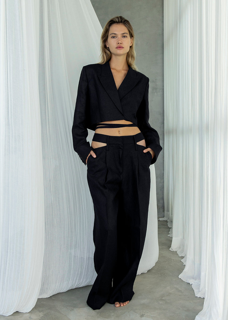 LINEN CROPPED TIE JACKET